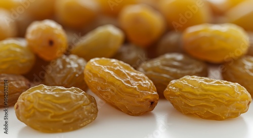 Close-up of golden raisins scattered elegantly