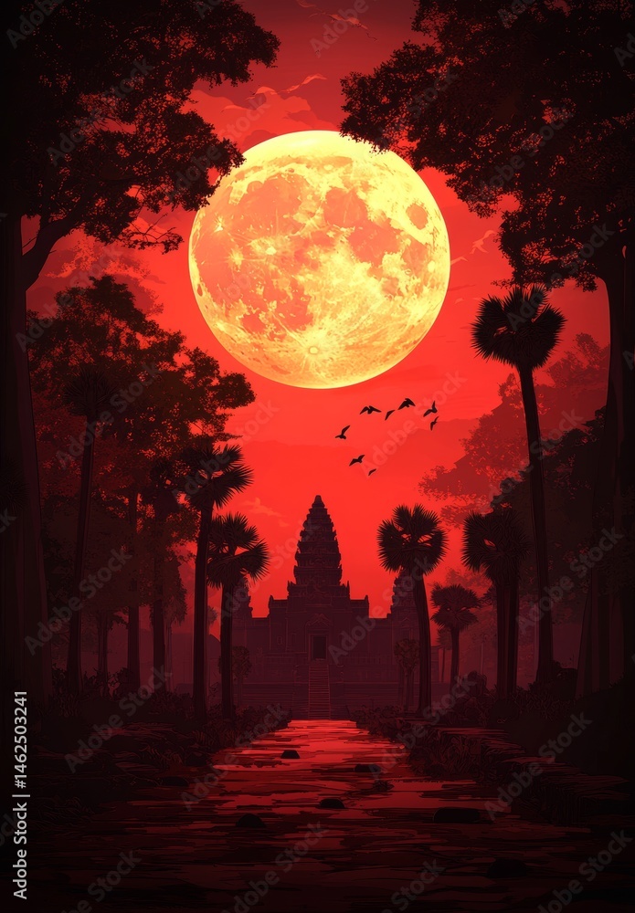 Fototapeta premium A vibrant sky with birds and palm trees serves as the backdrop for a travel illustration of the Angkor Wat temple silhouette at sunset in Cambodia