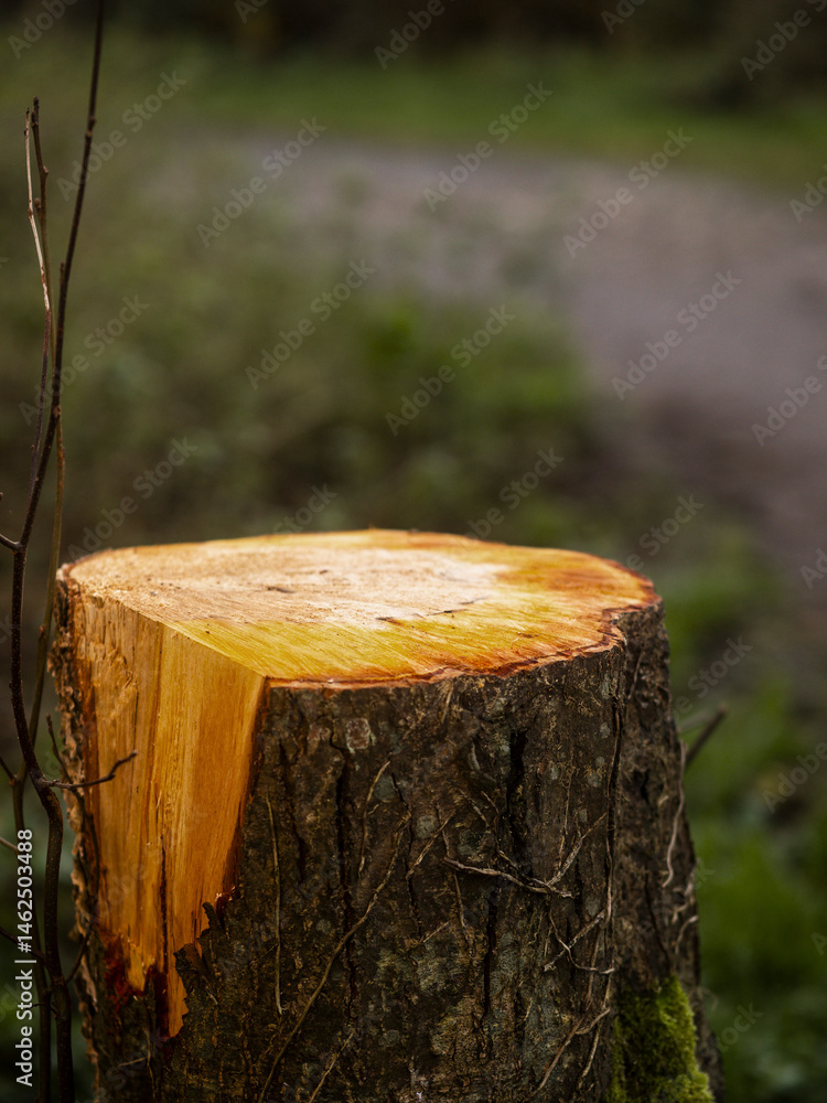 A large tree stump with a brown and yellow ring. The stump is surrounded by green moss. Concept of decay and the passage of time. Park maintenance and care theme.