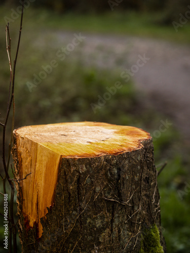 Obraz na płótnie A large tree stump with a brown and yellow ring. The stump is surrounded by green moss. Concept of decay and the passage of time. Park maintenance and care theme. w salonie