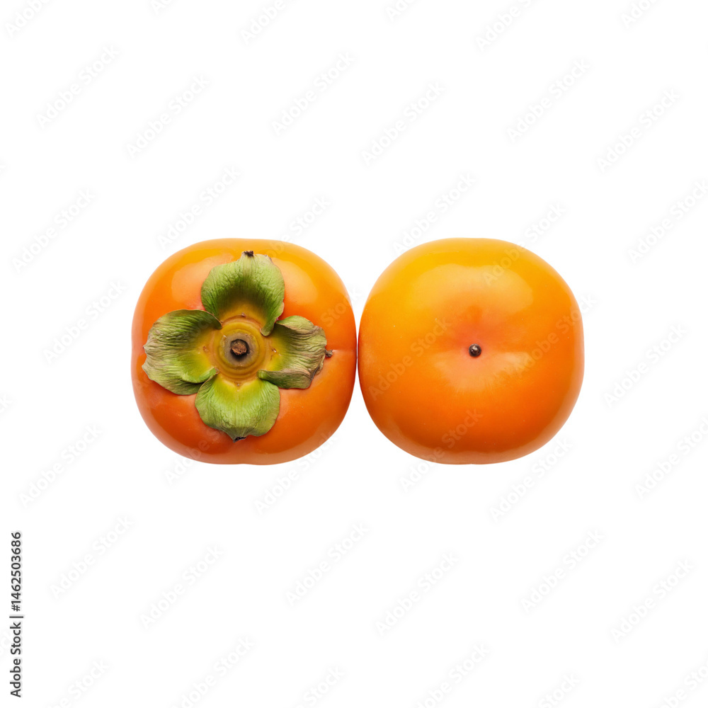 Two ripe persimmons displayed side by side showcasing their vibrant orange color and green leafy tops in a simple arrangement