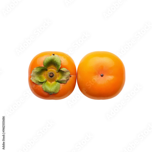 Obraz na płótnie Two ripe persimmons displayed side by side showcasing their vibrant orange color and green leafy tops in a simple arrangement w salonie