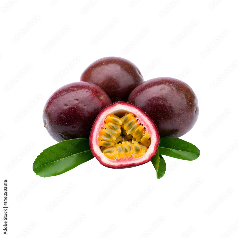 Passion fruits arranged with green leaves in natural light perfect for culinary use and healthy recipes