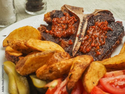 Cooked beef T bone steak with red hot spicy sous. Premium high quality meat served on a plate with wedges and fresh tomato. Fine expensive well done meal. Selective focus
