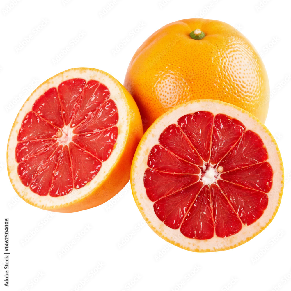 Freshly cut grapefruit fruit showing vibrant pink flesh and bright orange skin in a clean, well-lit setting