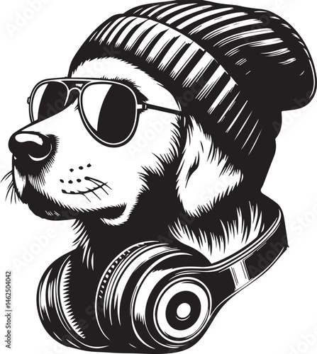 Cool Dog with Headphones, Sunglasses, and Beanie - Black and White Hipster Animal Illustration