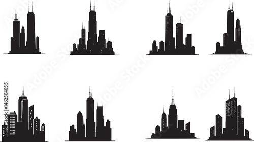 Modern City Skyline Silhouette Icon Set – Black Urban Building Vector Collection