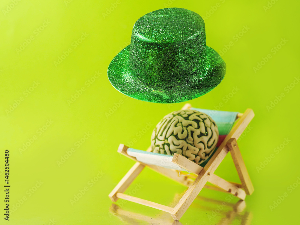 Green hat with glitter floating over a brain which is relaxing on a sun lounger. Yellow green background.