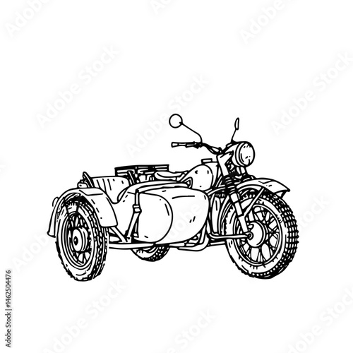 Classic sidecar motorcycle vector illustration in vintage style, capturing retro charm and adventure spirit. Perfect for nostalgic, transportation, or travel-themed projects.