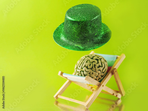 Green hat with glitter floating over a brain which is relaxing on a sun lounger. Yellow green background.