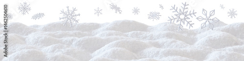 A decorative footer showcases a snowy landscape with soft, fluffy snow and delicate snowflakes floating in a wintery ambiance. Ideal for seasonal designs and winter themes. Bottom border.