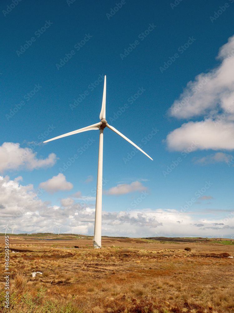 A field of wind turbines with a clear blue cloudy sky in the background. The windmills are tall and spread out across the field. Production of clean green energy. Warm sunny day. Nobody.
