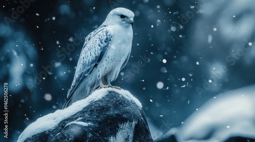 Snowy Gyrfalcon perched on rock, winter forest
