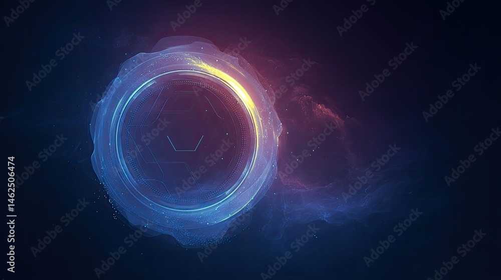 Obraz premium A digital abstract design featuring a glowing circular shape with cosmic elements.