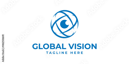 Logo design global vision, globe, eye, lens, camera, minimalist, technology, logo design icon, vector, symbol, idea, creative. Vector illustration.