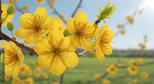Yellow Flower on Branch with Blue Sky and Green Field