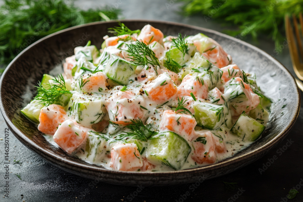 Bowl of cucumber with dill and dip. Bowl of cucumber with dill and dip.