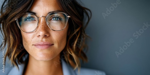 Caucasian woman, 35 years old, wearing eyeglasses, poses seriously in a simple studio setting. Daylight pours in, creating a contemplative and confident atmosphere.