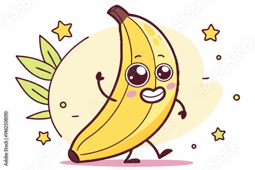 Happy Cartoon Banana Character Walking with Stars