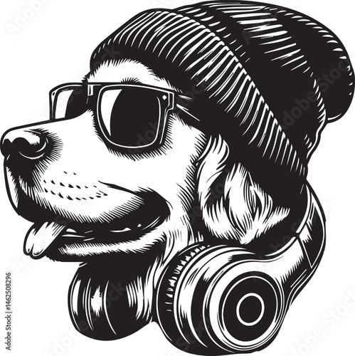 Cool Dog with Headphones, Sunglasses, and Beanie - Black and White Hipster Animal Illustration