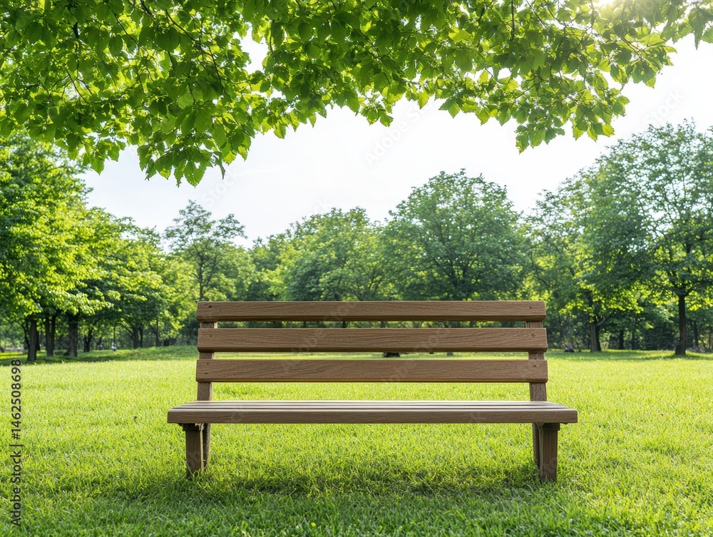 Fototapeta premium Wooden park bench under lush trees