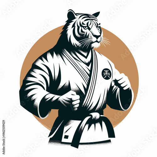 Martial Artist Practicing Karate tiger – Dynamic Pose in White Gi with Black Belt