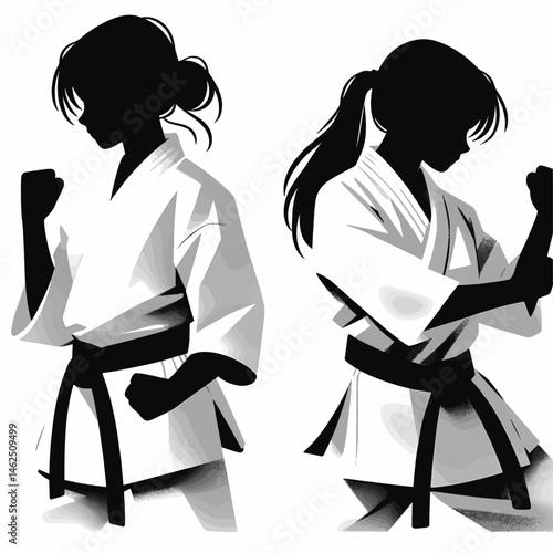 Minimal Karate Stance – Black Belt Fighter woman in Simplified Dojo Scene