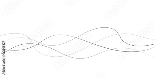 A minimalist abstract image featuring multiple, interwoven, wavy lines in varying thicknesses and dashed patterns.	