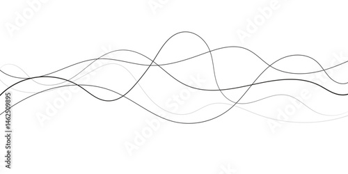 A minimalist abstract image featuring multiple, interwoven, wavy lines in varying thicknesses and dashed patterns.	