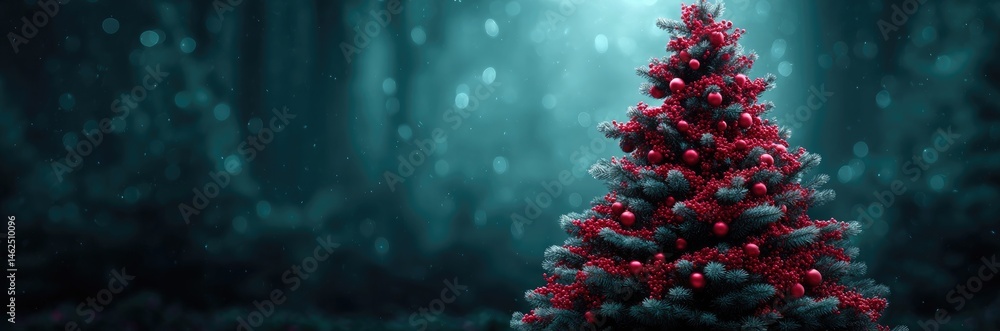 Fototapeta premium Red Christmas Tree Against Teal Bokeh Background Festive Holiday Scene