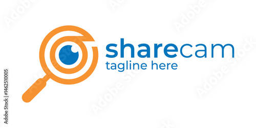 camera and magnifying glass combination logo design, logo for digital media, lens, camera, vision, symbol, icon, idea, creative.