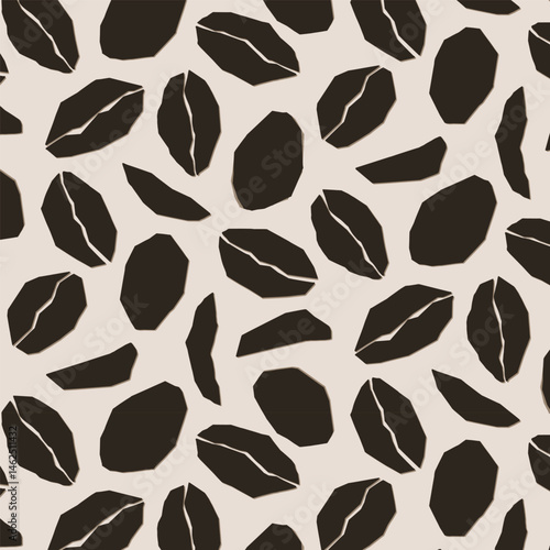 Seamless pattern of coffee beans. Repeating print of abstract arabica and robusta seeds cut out style for packaging design, wallpaper, fabric. Vector texture