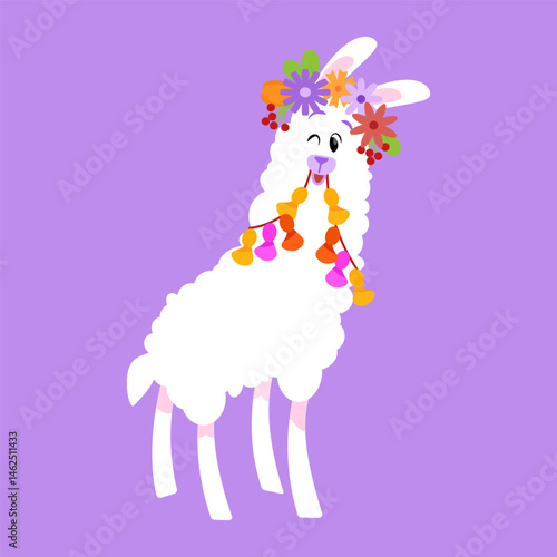 White cute llama with flower crown and tressels