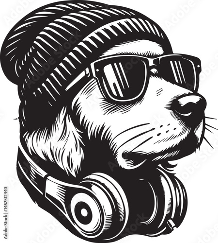 Cool Dog with Headphones, Sunglasses, and Beanie - Black and White Hipster Animal Illustration