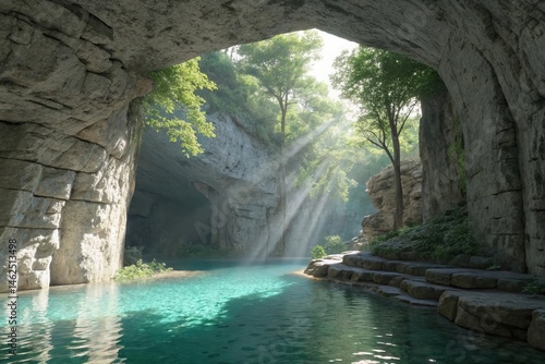 Sunlit Cave Entrance with Teal Water Pool