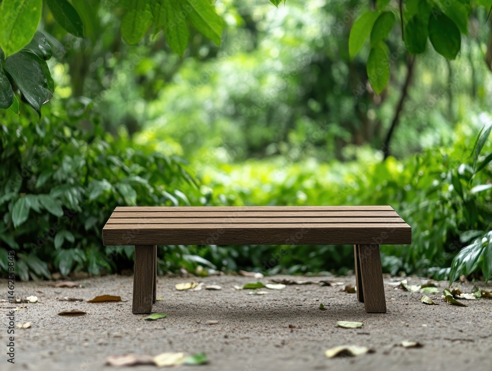 Wooden park bench in green foliage Wooden park bench in green foliage