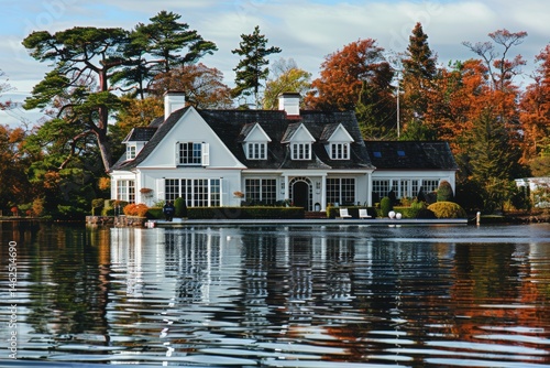 Elegant waterfront house surrounded by autumn foliage and calm water.
