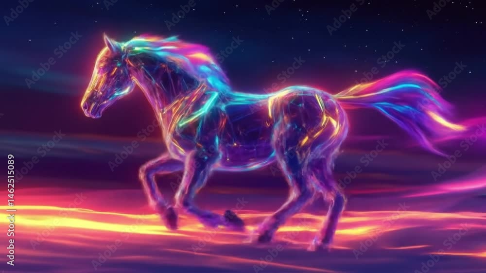 A digital art of a horse running with neon lights and a colorful tail in a fantasy setting at night A digital art of a horse running with neon lights and a colorful tail in a fantasy setting at night