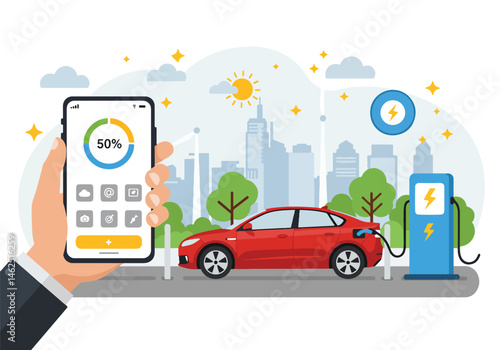 Adobe Illustrator Artwork Futuristic vector flat illustration of an electric car charging, controlled by a smartphone app. Promotes eco-friendly transport, green tech, and sustainable urban living