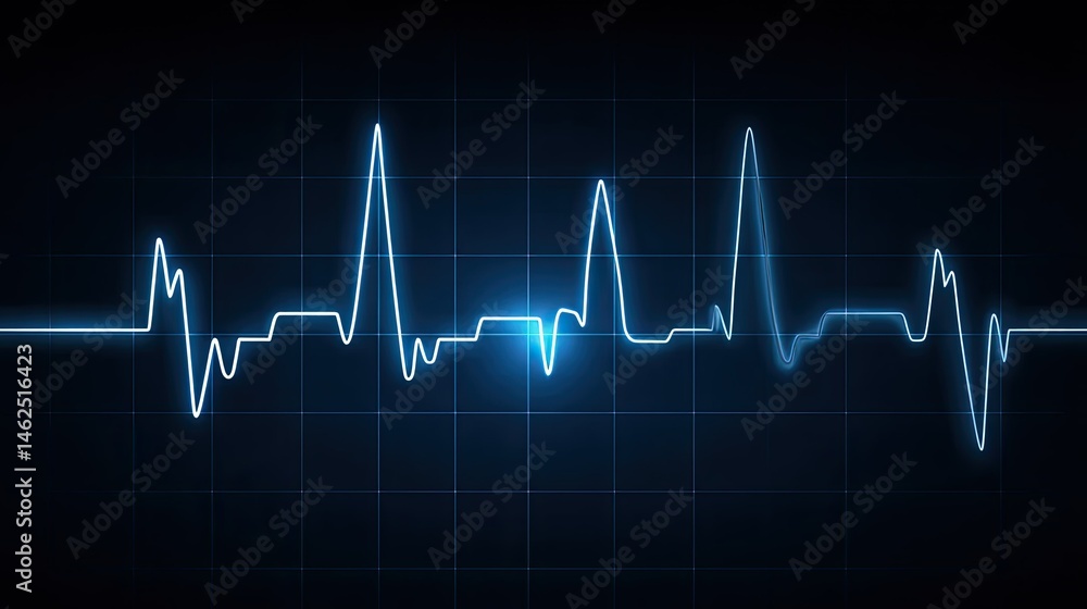 A digital representation of an electrocardiogram (ECG) waveform on a dark background. A digital representation of an electrocardiogram (ECG) waveform on a dark background.