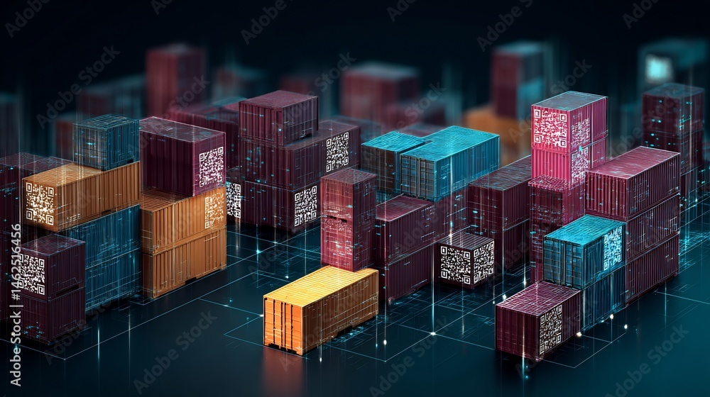 Obraz premium Conceptual visualization of networked shipping containers with integrated technology