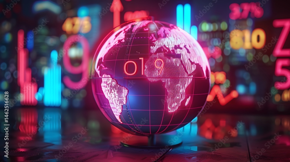 Fototapeta premium Neon Globe Against Blurred Financial Data Visualization In Futuristic Cityscape Background