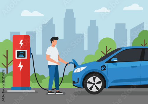 Adobe Illustrator Artwork Urban vector flat illustration of a man charging his electric car at a station with a city skyline. Highlights eco-friendly transportation and sustainable urban living