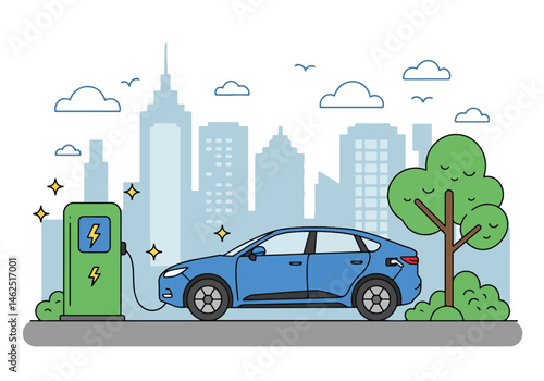 Adobe Illustrator Artwork Scenic vector flat illustration of a white and green electric car charging at a station with a mountain backdrop. Promotes clean energy, ecology, and sustainable transport