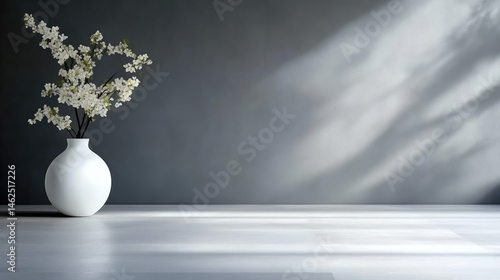 Simple, minimalist, interior scene with a vase of spring blossoms. Soft, muted colors and natural light