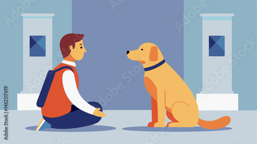 Service Animal Welcome An image of a service dog wearing a vest sitting peacefully at the feet of a visitor inside the museum.