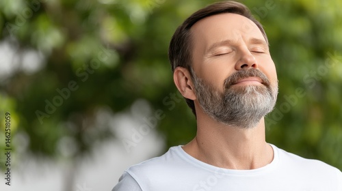 Happy man enjoying fresh air in a park surrounded by green trees while embracing nature with open arms