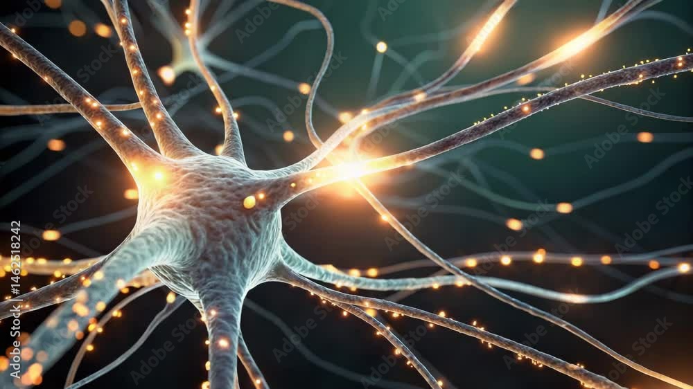 A close-up illustration of a neuron with glowing synapses, depicting electrical signals traveling through a neural network.