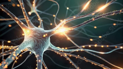 A close-up illustration of a neuron with glowing synapses, depicting electrical signals traveling through a neural network.