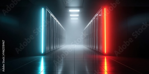 Futuristic server room filled with rows of servers, bathed in blue and red neon lights. Dark and cold atmosphere enhances the mysterious technological vibe of the scene.